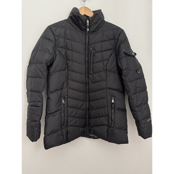 EDDIE BAUER Womans Goose Down Winter Coat Jacket Black Ski Size L EUC Cargo - Picture 1 of 9